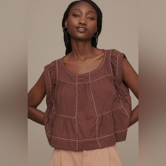 Anthropologie Tops - By Anthropologie Cap Sleeve Babydoll Cropped Airy Mauve Purple Cottage Blouse L